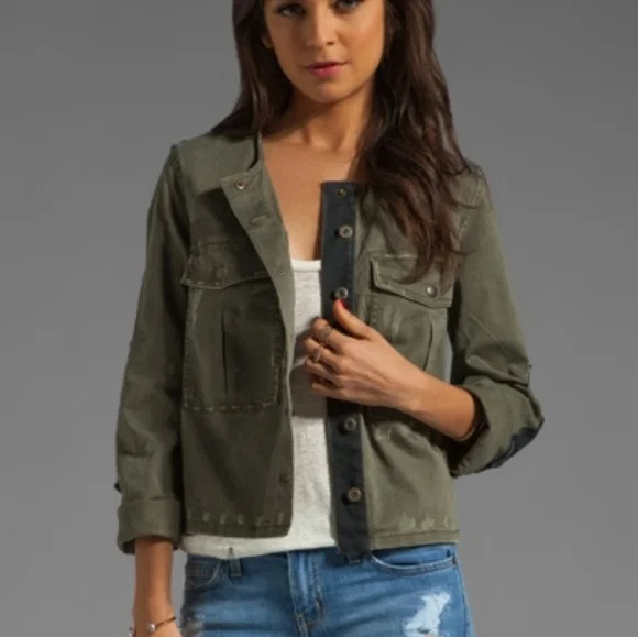 Free people revolve military green jacket button small black distressed crop - Picture 1 of 10